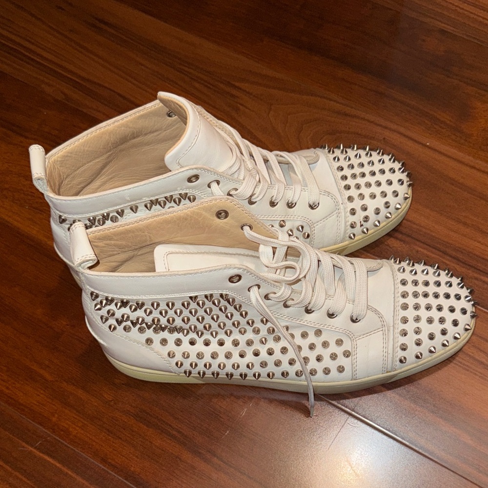 Christian Louboutin White Leather Spike-Embellished High-Top Sneakers